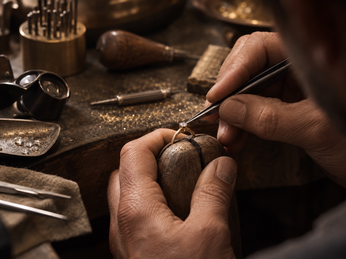 Jeweler carefully setting a diamond by hand at the bench
